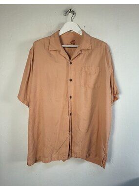 Tommy Bahama Mens Original Fit Peach Tropical Silk Button-Up Camp Shirt Large